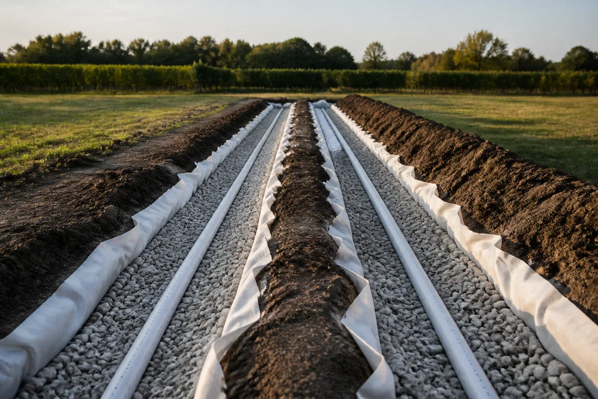 Tranchée d’épandage ouverte avec drains perforés posés sur un lit de graviers, terrain de Gironde