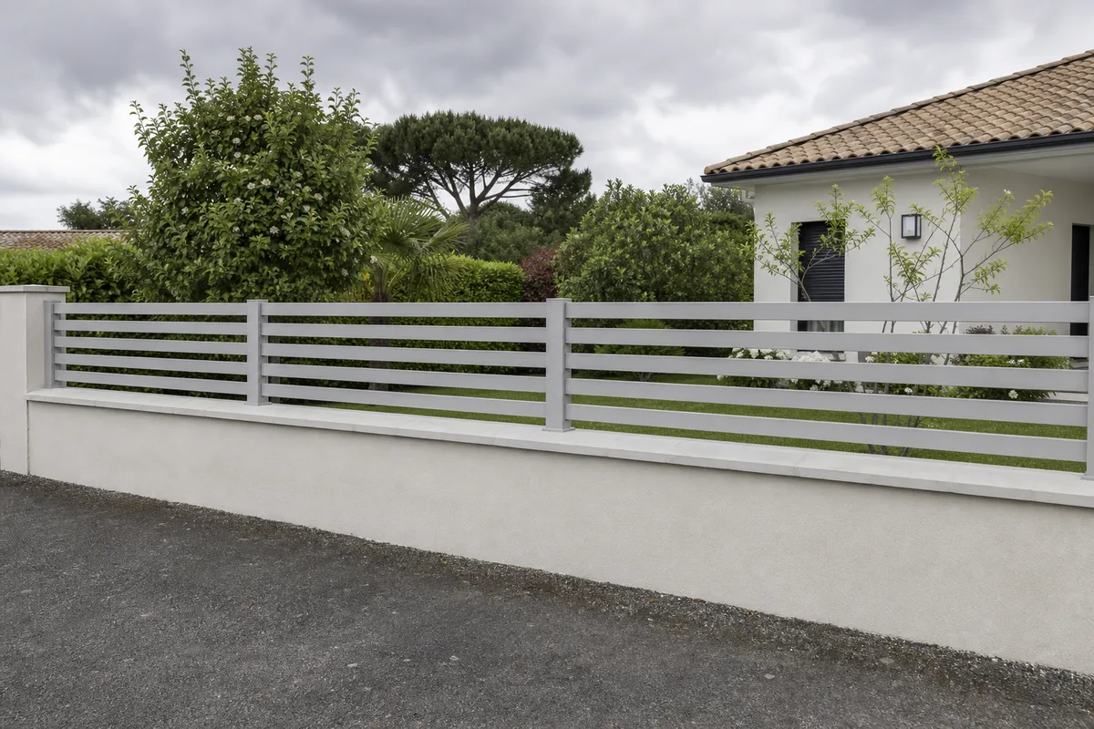 Mur bahut maçonné surmonté d’une lisse aluminium délimitant une propriété résidentielle