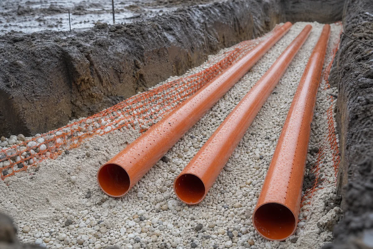 Tranchée d&rsquo;assainissement ouverte devant une maison de Gironde, tuyaux PVC orange et lit de sable, terre argileuse sur les côtés