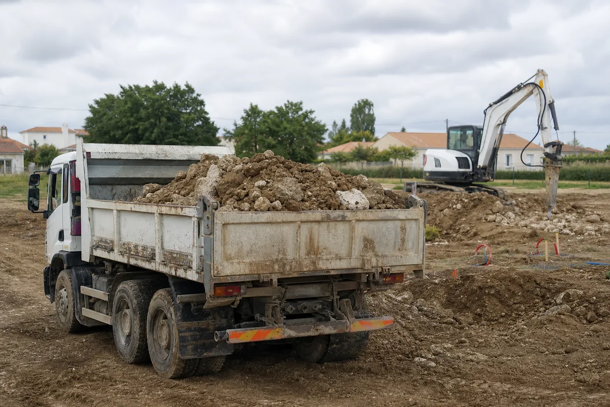 Camion benne chargé de terres et gravats stationné devant un chantier de démolition en Gironde, engin de terrassement en arrière-plan