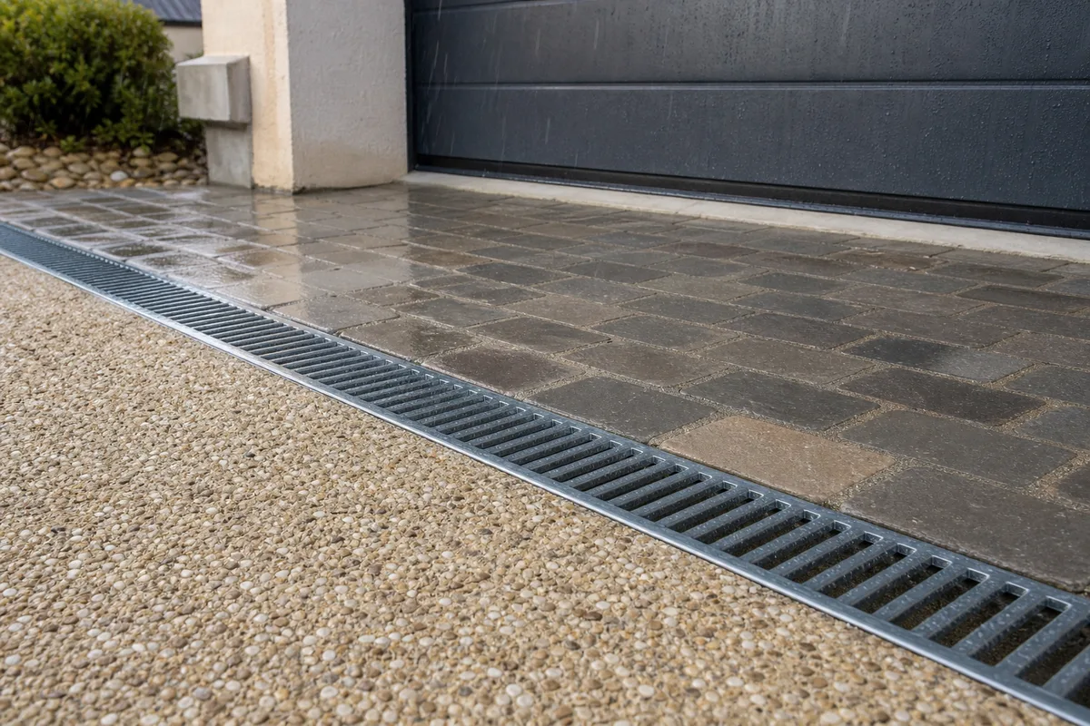 Caniveau à grille en travers d&rsquo;une allée devant une porte de garage pour l&rsquo;évacuation des eaux de pluie